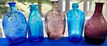 Lot 511- Vintage Colored Glass Bottles - Aqua - Blue - Purple Lot Of 5