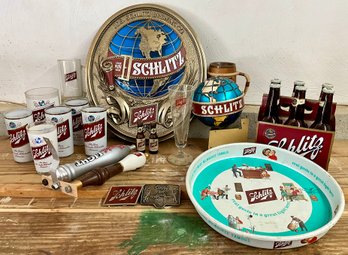 Lot 31- Schlitz Beer Barware - 1962 Tray- Glasses- Belt Buckles- Salt Pepper - Wall Decor