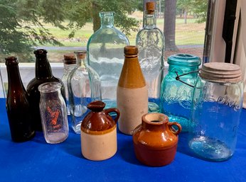 Lot 512- Old Bottle & Crock Lot - Mason Jars - Blue Ball - Milk Bottle