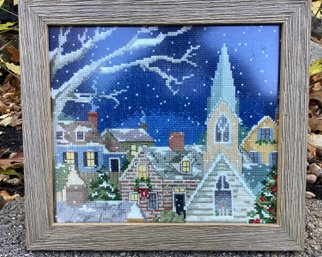 Lot 214SD- Charming  Cross Stitch Christmas Eve Holiday Winter Village Scene Picture Framed