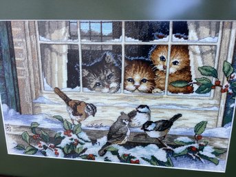 Lot 215SD- Stunning Cross Stitch Picture Framed Holly Berries Kittens Birds Winter Scene