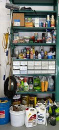 Lot 41- Garage Metal Shelf And Contents - Cleaners - Drawers With Nuts, Bolts, Screws Etc