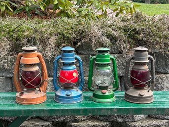 Lot 220- Lot Of 4 Vintage Lanterns - Embury Little Air, Little Wizard, Globe Brand - Orange Red Green