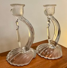 Lot 532- Art Deco Antique Crystal Drop Sea Shell Frosted Candle Holders - 7 1/2 Inches