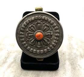 Lot 214- Antique Round Tribal Tibetan  Amulet With Coral Pendant - Rare!
