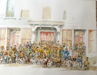 Lot 300 - North Reading Town Hall Hunting Dogs And Men Watercolor Painting By Local Artist Don Doyle