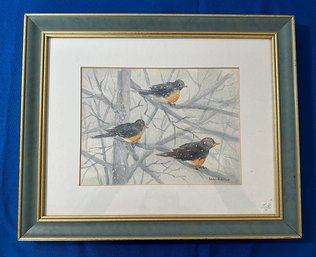 Lot 301 -  Watercolor Chickadees Birds In Winter Painting - North Reading Local Artist Louise Anderson