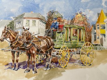 Lot 305 - Horses Pulling Railroad Coach US Mail Watercolor Painting By Local Artist Donald Doyle