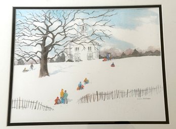 Lot 306 -  Town Of North Reading Sledding On The Common Original Watercolor Painting By Louise Anderson