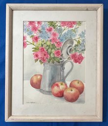 Lot 310 - Floral With Fruit Apples Still Life Watercolor Painting - Original Art By Louise Anderson
