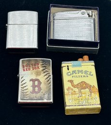 Lot 300- 4 Vintage Lighters - 1 In Gibson Original Box  - Pack Lite Camel - Zippo - Boston Red Sox