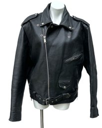 Lot 337- Heavy Black Vintage Motorcycle Biker Jacket - Putnam Leather Gold - Size 46 - Nice Coat!