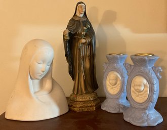 Lot 288- Religious Mary Statues And Bisque Cherub Candle Holders Lot Of 4