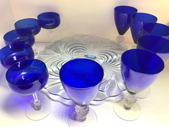 Lot 552- Cobalt Blue Stemware - Goblets & Champagne Glasses & Blue Depression Glass Platter Tray