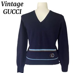 Lot 220 - GUCCI! Vintage Blue Pullover Lambswool Sweater - Made In Scotland Gucci Logo