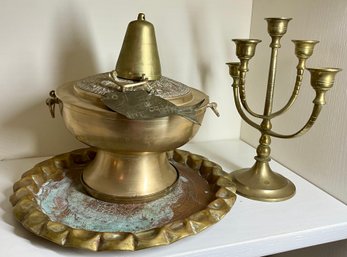 Lot 553- Korean Brass Hot Pot Rice Steamer & Candelabra Candlestick Decor