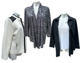 Lot 340- CHICOs Black No Iron Blouse Shirt Embellished Tank & Grey Sweater - White Jacket - Size 2- Lot Of 4