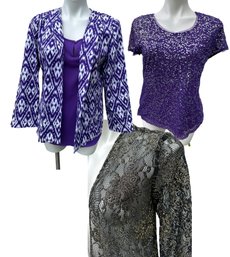 Lot 341- CHICOs Black Gold Metallic Jackets - Purple Tank & Sparkly Shirt - Lace Cover - Size 1 - Lot Of 4