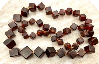 Lot 226- Baltic  Amber Hand Knotted Square Beads Antique Necklace