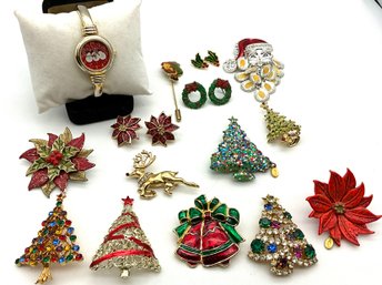 Lot 229- Christmas! Awesome Lot Of Pins- Earrings- Watch - Trifari - JJ Lot Of 14