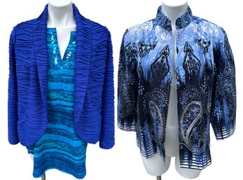 Lot 343- Pretty In Blue! Aqua Black Label CHICOs Embelished Clothing  - Size 1 - Lot Of 3, Jackets, Tunic,