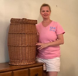 Lot 517- Wicker Covered Laundry Hamper Basket