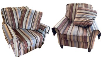 Pair Of 2 Flexsteel Upholstered Striped Brown Neutral Rolled Arm Comfy Chairs