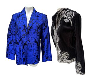 Lot 345- CHICOs Black Embellished Silver And Blue Dressy Silk Cotton Jackets - Size 2 - Lot Of 2