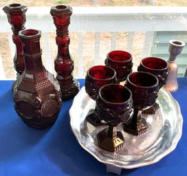 Lot 560- Pewter Wall Hanging - Candlestick & Ruby Red Glass Decanter- Candle Sticks - Wine Glasses