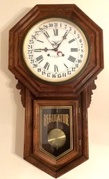 Lot 563- RARE! HT Clockmakers New York Oak Regulator Schoolhouse Calendar Wall Clock