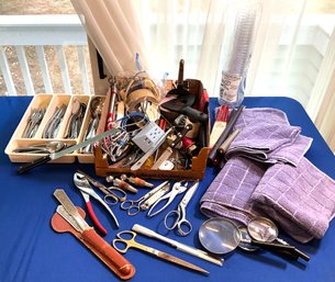 Lot 567- Junk Drawer Lot! & Flatware - Henckels Knives- Scissors- Letter Openers- Dish Towels