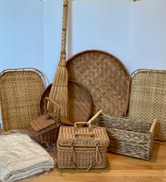 Lot 570- Bamboo Basket Trays - Tablecloth- Fireplace Broom - Basket Discs Trays