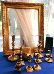 Lot 571- Antique Gold Frame & 5 Pair Of Brass Candle Sticks - Brass Vase & Bowl - Silver Plate Candle Holders