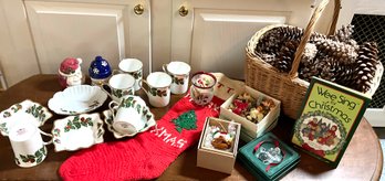 Lot 581- Basket Of Pine Cones - Christmas - Queens Yuletide Cups Bowls Plates Stocking Salt And Pepper