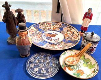 Lot 584- Asian Platter - Bowl - Chinese Carved Wood People Statues - Flower Frog - Carved Man Cork Screw