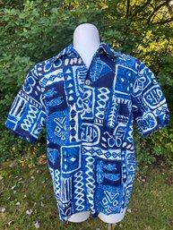 Lot 506 - King Size Blue Print Hawaiian Shirt Mens Size XL Made In Brockton MA- Vintage