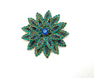 Stunning! Aqua And Blue Rhinestone Flower Pin Brooch