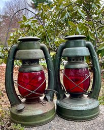 Lot 315- Dietz Embury Mfg Co Warsaw NY USA Little Wizard Lanterns - 2 Green With Red Glass