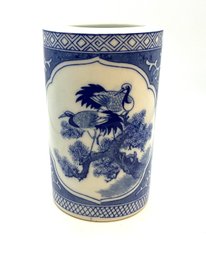 Lot 3- Chinese Blue And White Short Vase With Pelican Scene