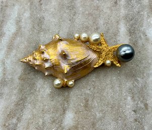 Lot 5- Costume Shell Brooch With Faux Pearls - Pin