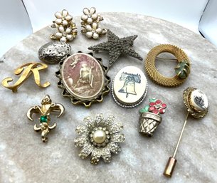 Lot 12- Vintage Pins-fleur De Lis-  Scrimshaw- Pendant/pin Coro Clip On Earrings Lot Of 10