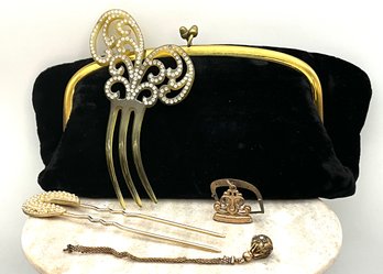 Lot 13- Victorian Hair Comb- Gold Filled Fob Buckle- Jewelry - Black Velvet Purse Lot