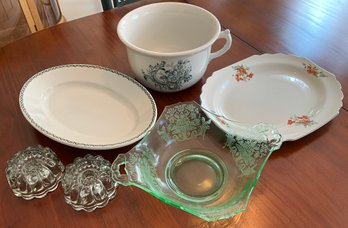 Lot 77- Chamber Pot - Green Depression Glass Bowl- Platters - Candle Holders - Vintage Kitchen Lot