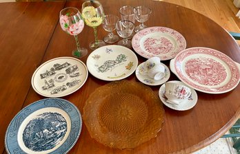 Lot 81- Mixed China Lot - Amber Platter - Glassware - Tea Cups - Ironstone - Red Blue White Plates