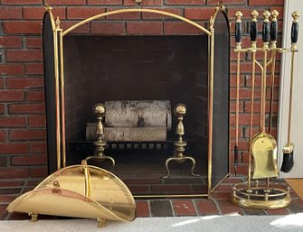 Lot 85- Brass Fire Place Accessories & Andirons - Marble Top Tools Poker - Brush Fireplace Set