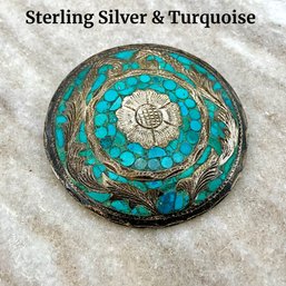 Lot 262- Sterling Silver Mexico Inlaid Turquoise Pin Brooch Pendant