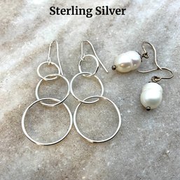 Lot 256- Sterling Silver Earrings- Drop Freshwater Pearl - Circles - 2 Pair