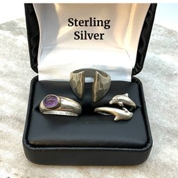 Lot 253- Sterling Silver Rings- Size 7 - Signed Kabana Dolphin- Mexico- Garnet