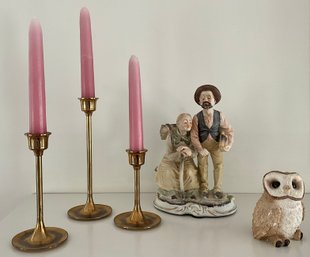 Lot 88- Trio Brass Candle Holders - Elder Couple Figurine And Hand Painted Owl  - Home Decor
