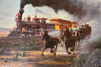 Lot 355JR- 'The Race' 1800s Horses & Train By Artist Mort Kunstler On Giclee Canvas